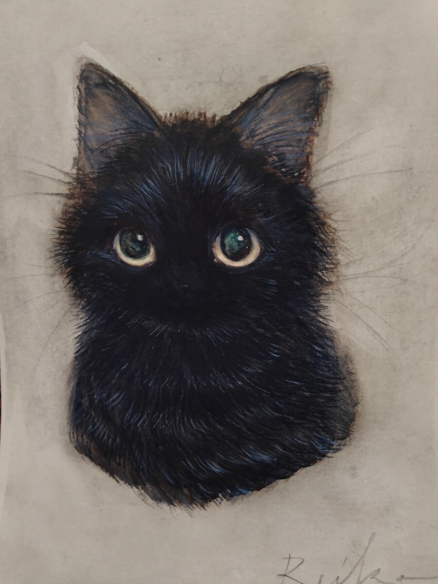 猫のイラスト　手描きイラスト　水彩画　インテリア　黒猫アート_画像1