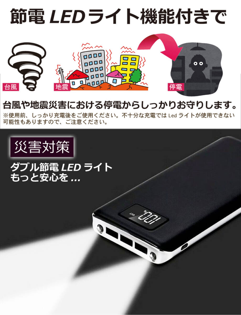 高品質モバイルバッテリー 急速充電 大容量　50000mAh　3台同時充電　LEDライト搭載　PSE認証済 カラー：ホワイト　　防災用品_画像3