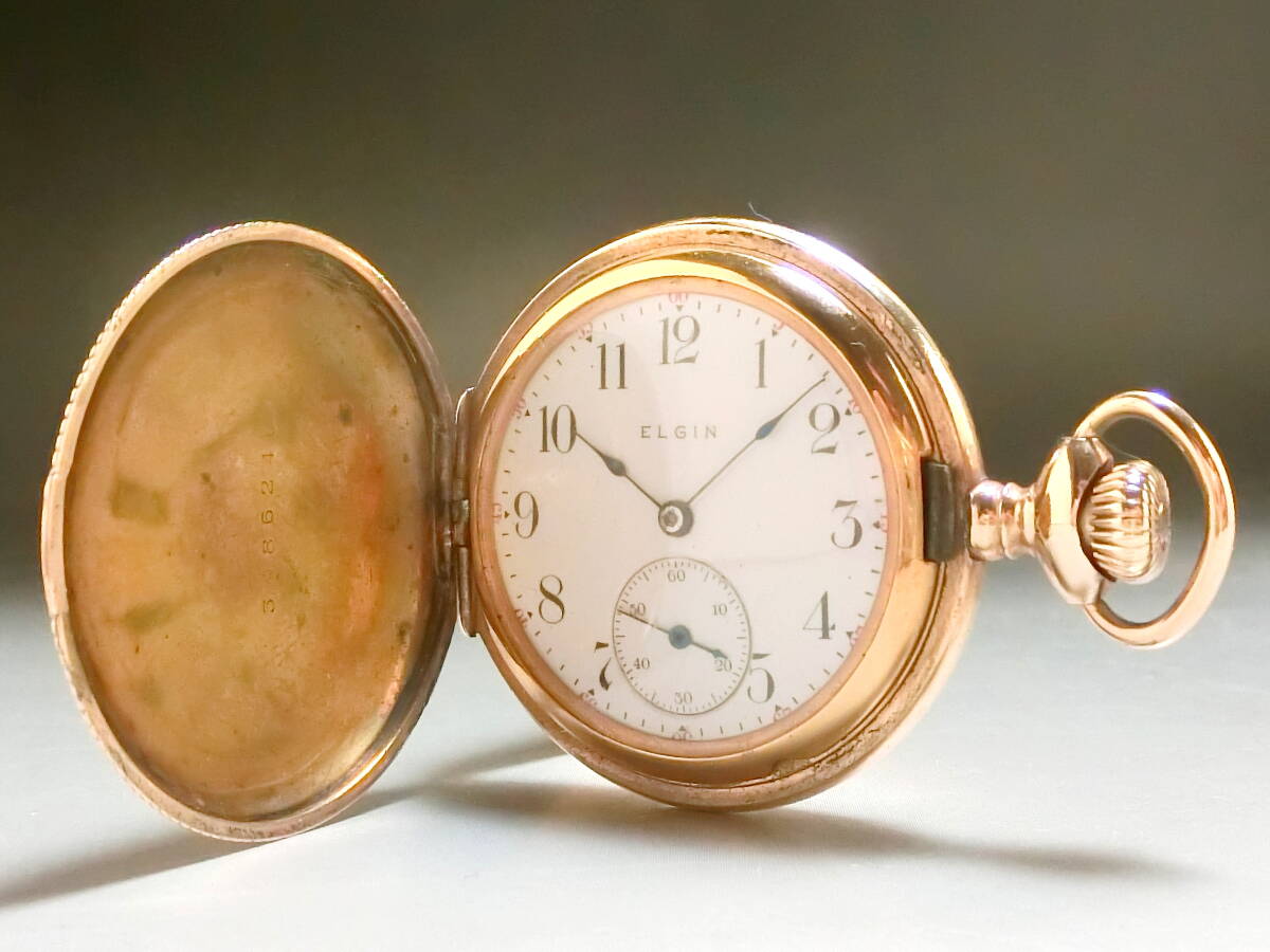 ★美品 アンティーク Elgin エルジン 懐中時計★華やかなフルハンター フローラル調 20年保証ケース★14k 14金(F) ★1900s 手巻き 動作品★_画像2