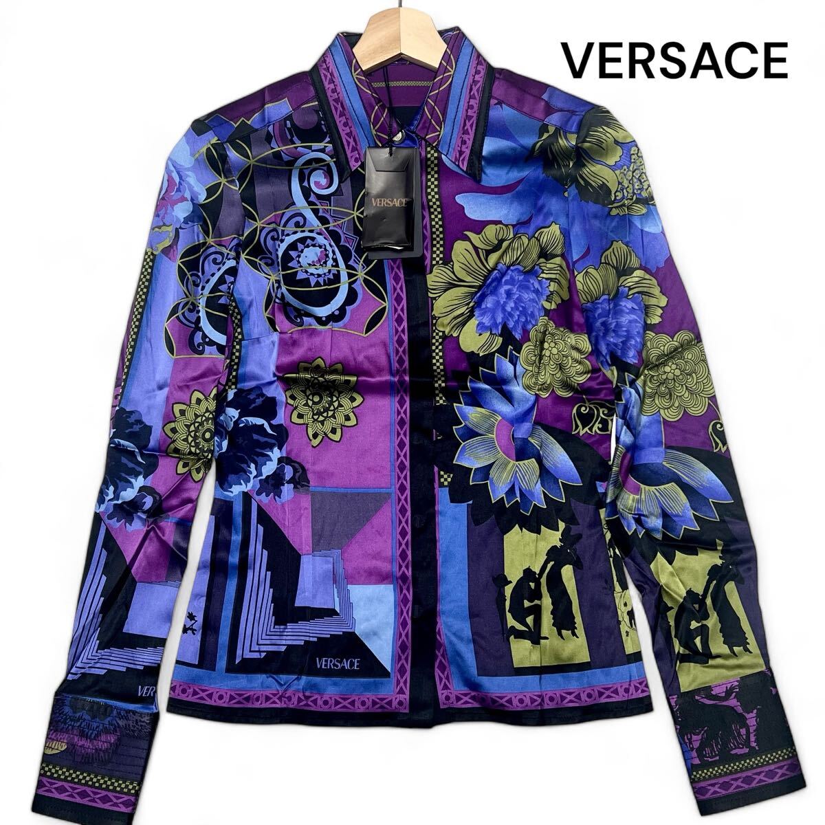  unused tag attaching * silk 38 size Versace [ pressure volume. feeling of luxury ]VERSACE silk total pattern long sleeve blouse shirt blue × purple spring summer * men's 