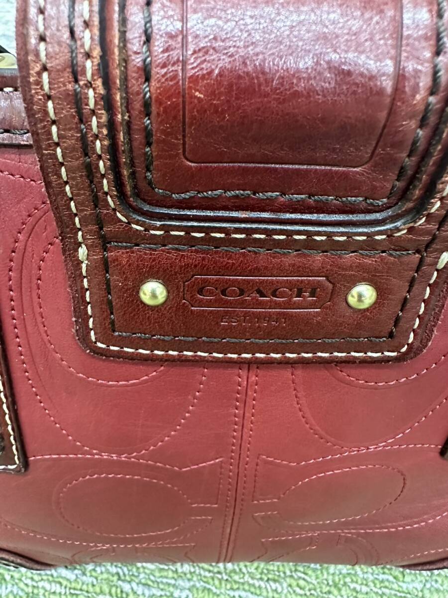 【E2241AM】COACH コーチ ターンロック シグネチャーステッチデザイン レザーハンドバッグ 11330 ワインレッド系の画像5