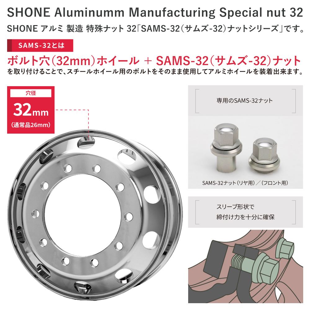 ボルト交換不要でアルミホイール装着可 新品2本価格 会社宛 送料無料 22.5×7.50 10穴ISO規格 SAMS専用 穴径32mm SHONEトラック NO,SH376_画像6