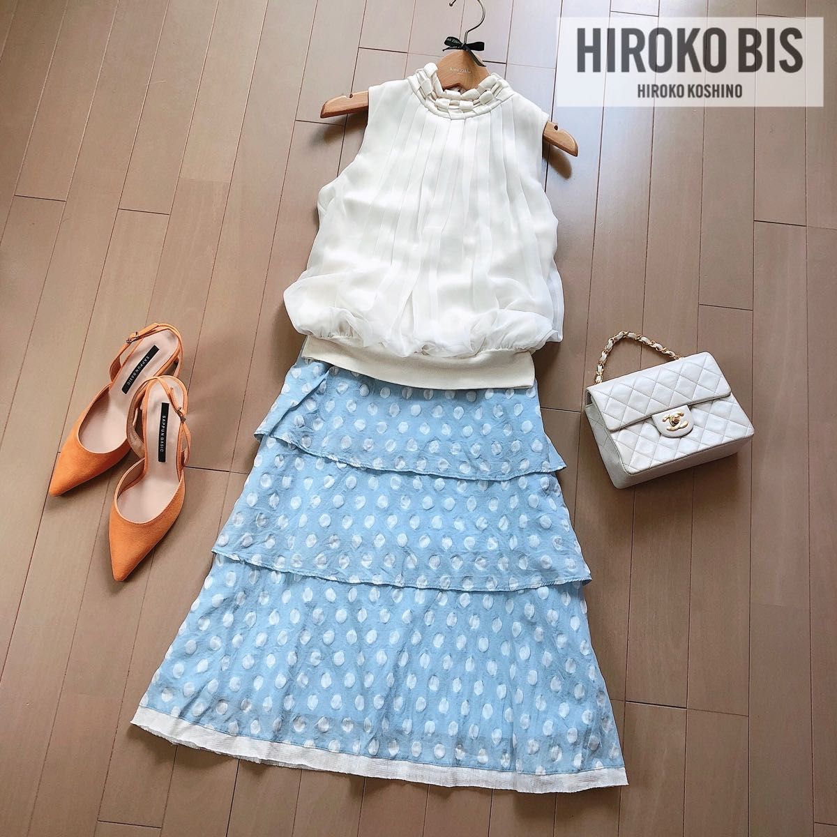 HIROKO BIS 上質ドットティアードスカート 水色 エムプルミエ