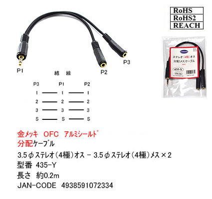 △オーディオ分岐ケーブル 3.5mmステレオ４極(オス)→3.5mm ステレオ 4極 (メス)2分配 0.2m 金メッキ OFC アルミシールド 435-Y△_画像4