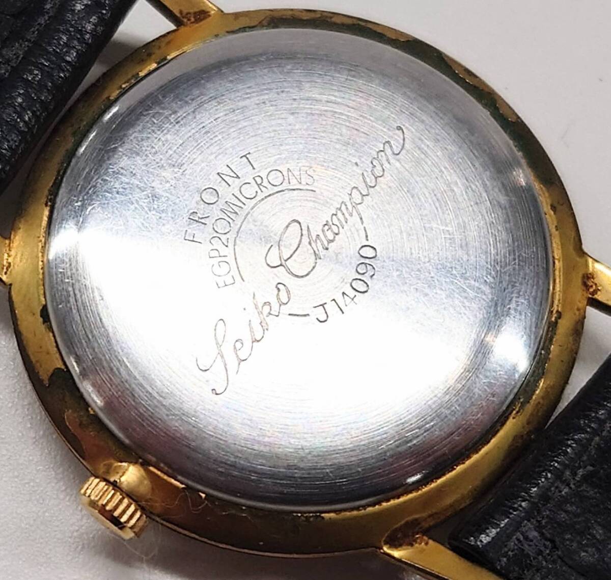 K305-W7-1076◎SEIKO セイコー チャンピオン J14090 ダイヤモンド 17石 ゴールド メンズ腕時計 クォーツ レザーベルト ホワイト文字盤④の画像4