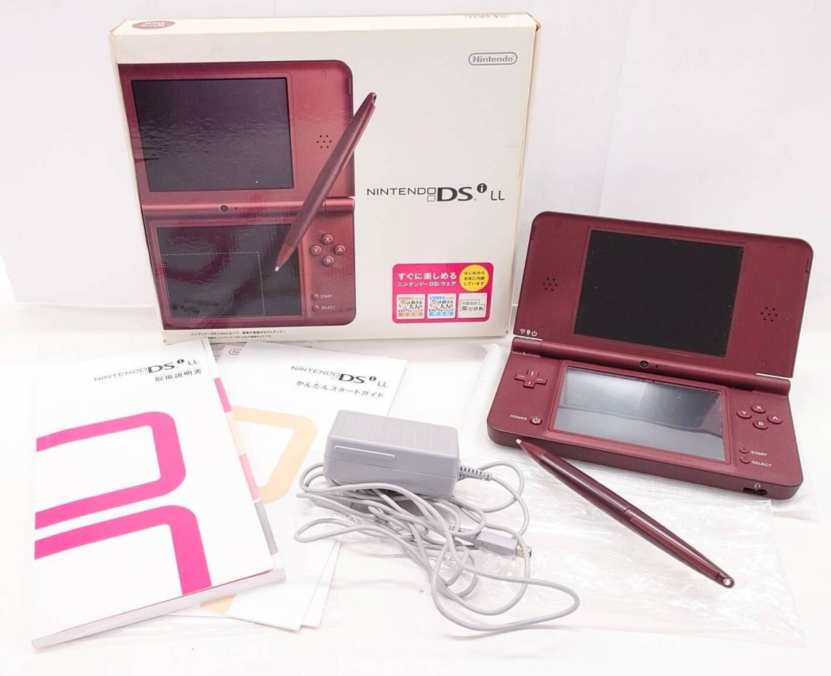 N364-W14-124 Nintendo 任天堂 DSiLL UTL-001(JPN) ワインレッド ゲーム機 本体 箱/充電器/付属品有り 初期化済み 通電動作確認済み④_画像1