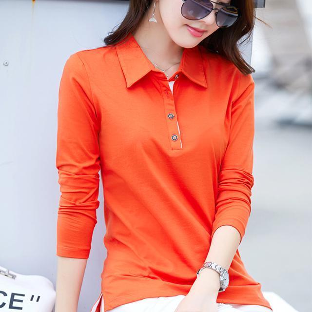* orange * XL размер рубашка-поло женский длинный рукав почтовый заказ весна осень рубашка воротник имеется одноцветный большой размер взрослый симпатичный офис бизнес .