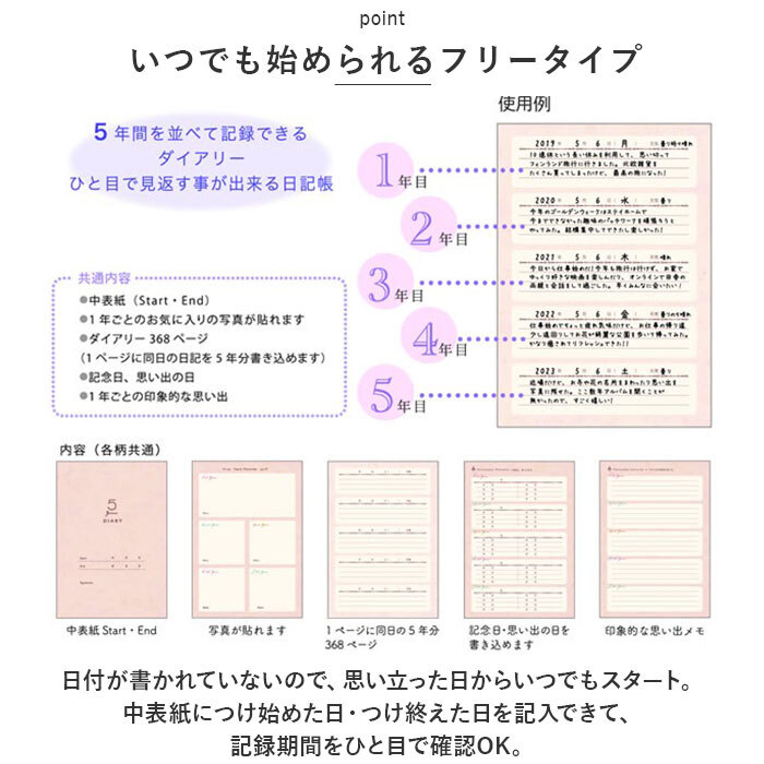 ☆ 気球 ☆ 5年ダイアリー 日記帳 5年日記 クローズピン ダイアリー ノート 5年連用日記 フリータイプ 日付フリー A5サイズ しおりひも付き_画像6