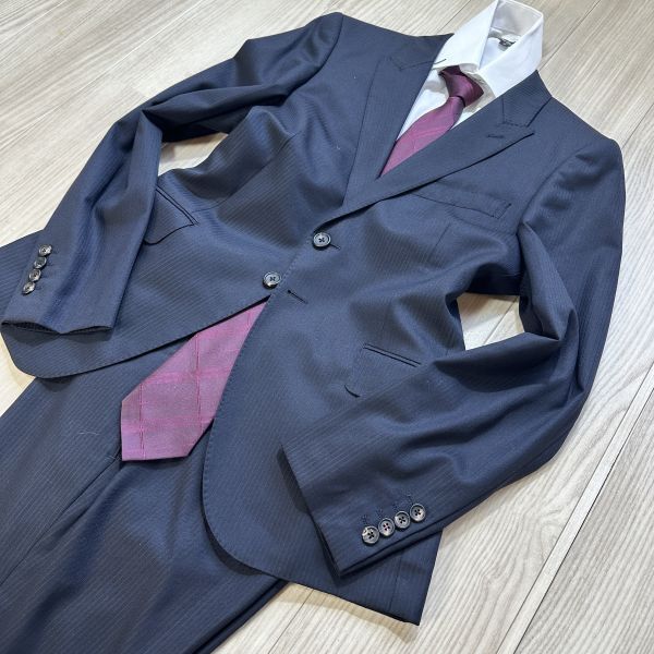  finest quality!! Paul Smith Paul Smith[ gentleman. atmosphere ] M size dark navy stripe navy blue 2B total reverse side suit setup men's 