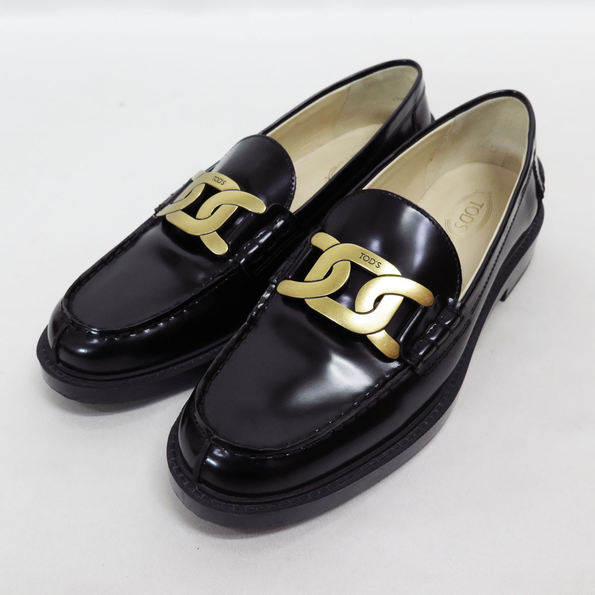 TOD'S KATE LEATHER LOAFERS SHOES 38 トッズ ケイト レザー ローファー シューズ チェーン ロゴ ブラック 黒_画像1