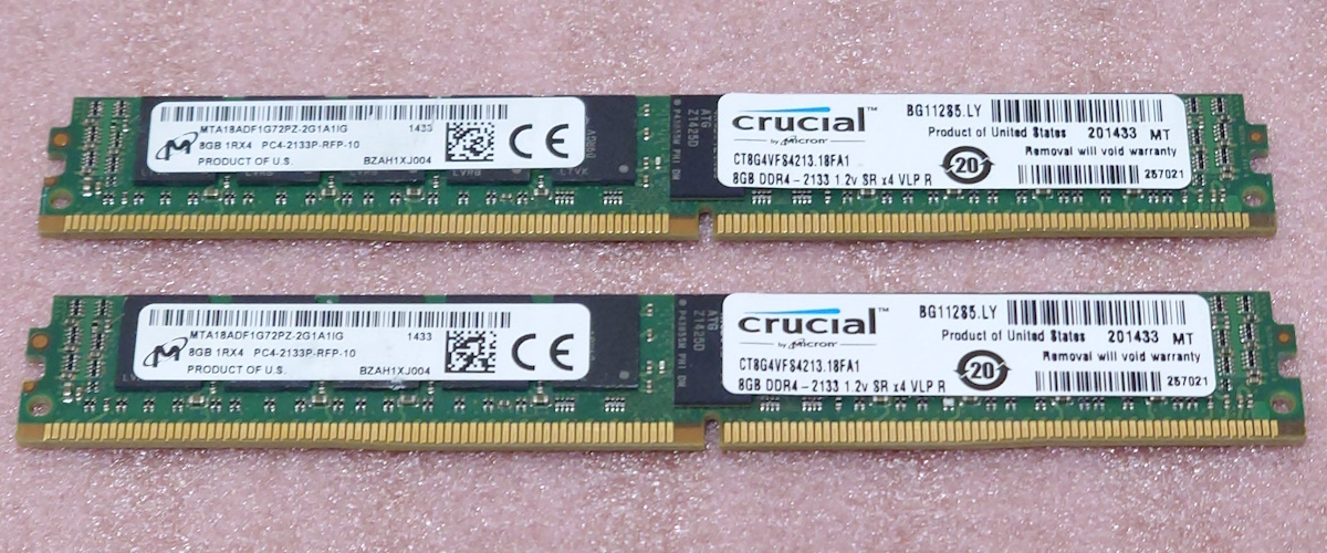 ●Crucial CT8G4VFS4213 2枚セット *PC4-17000/DDR4-2133 Micronチップ ECC REG/Registered 288Pin VLP DDR4 RDIMM 16GB(8GB x2) 動作品の画像1