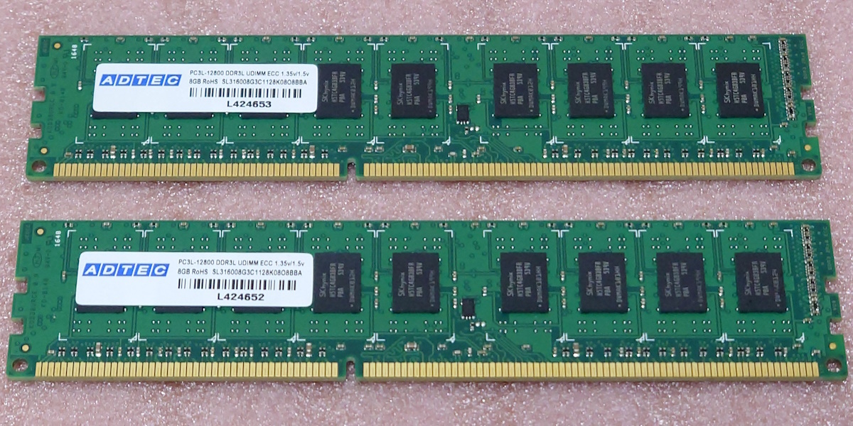 ◎ADTEC SL316008G3C1128K08O8BBA 2枚セット *PC3L-12800E/DDR3L-1600 SK hynixチップ ECC Unbuffered DDR3 UDIMM 16GB(8GB x2) 動作品_画像1