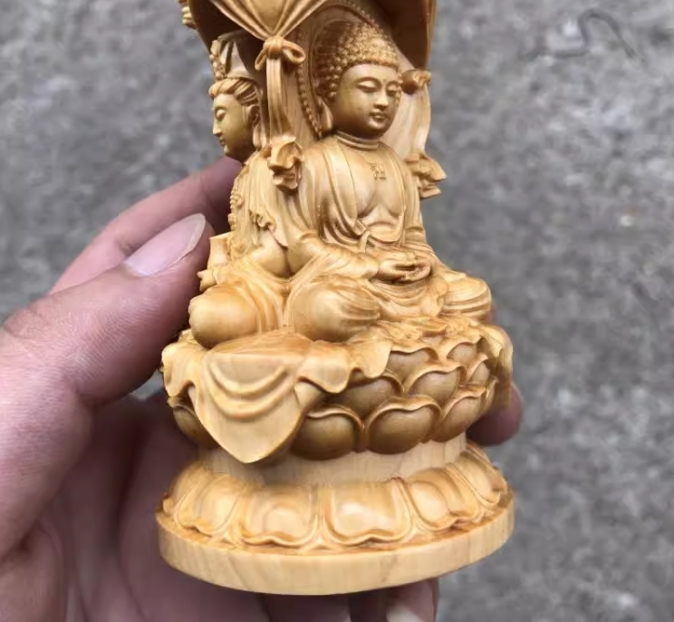 木彫仏像 三面 西方三聖 座像 阿弥陀仏三尊（観世音菩薩 阿弥陀仏 勢至菩薩）彫刻 仏教工芸 _画像5