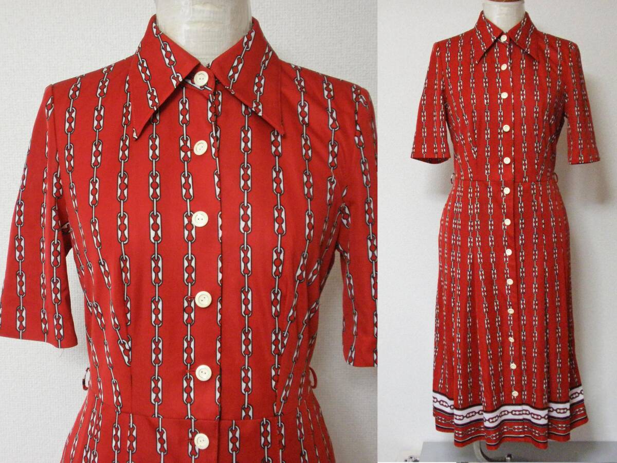  retro б/у одежда красный рисунок One-piece меньше S* Showa Vintage классический pop режим vintage 60 70 годы шт .. маленький размер 