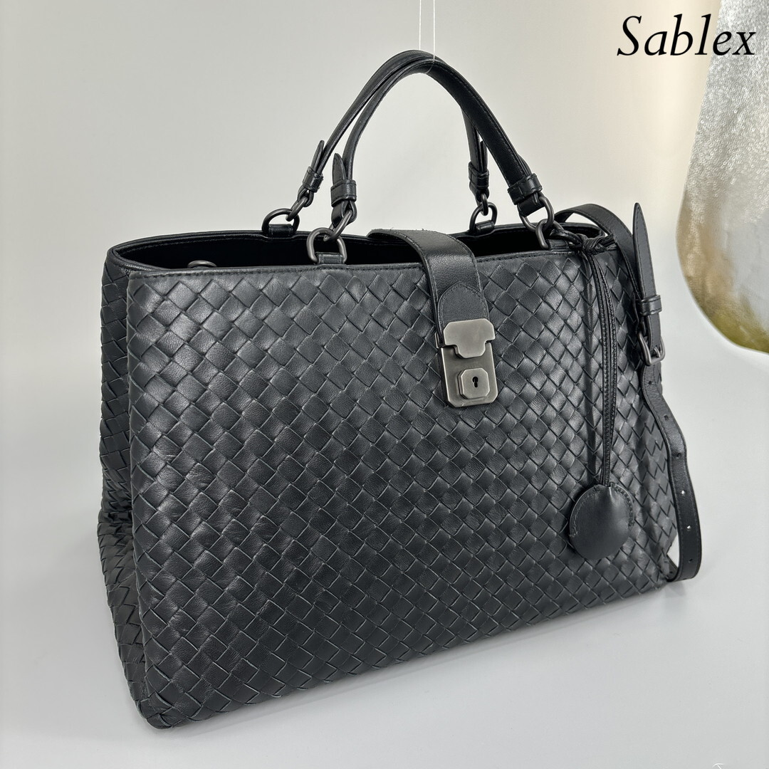 1円 未使用■BOTTEGA VENETA ボッテガヴェネタ ローマバッグ イントレチャート ハンドバッグ カデナ シルバー金具 ミニトート ブラック_画像3