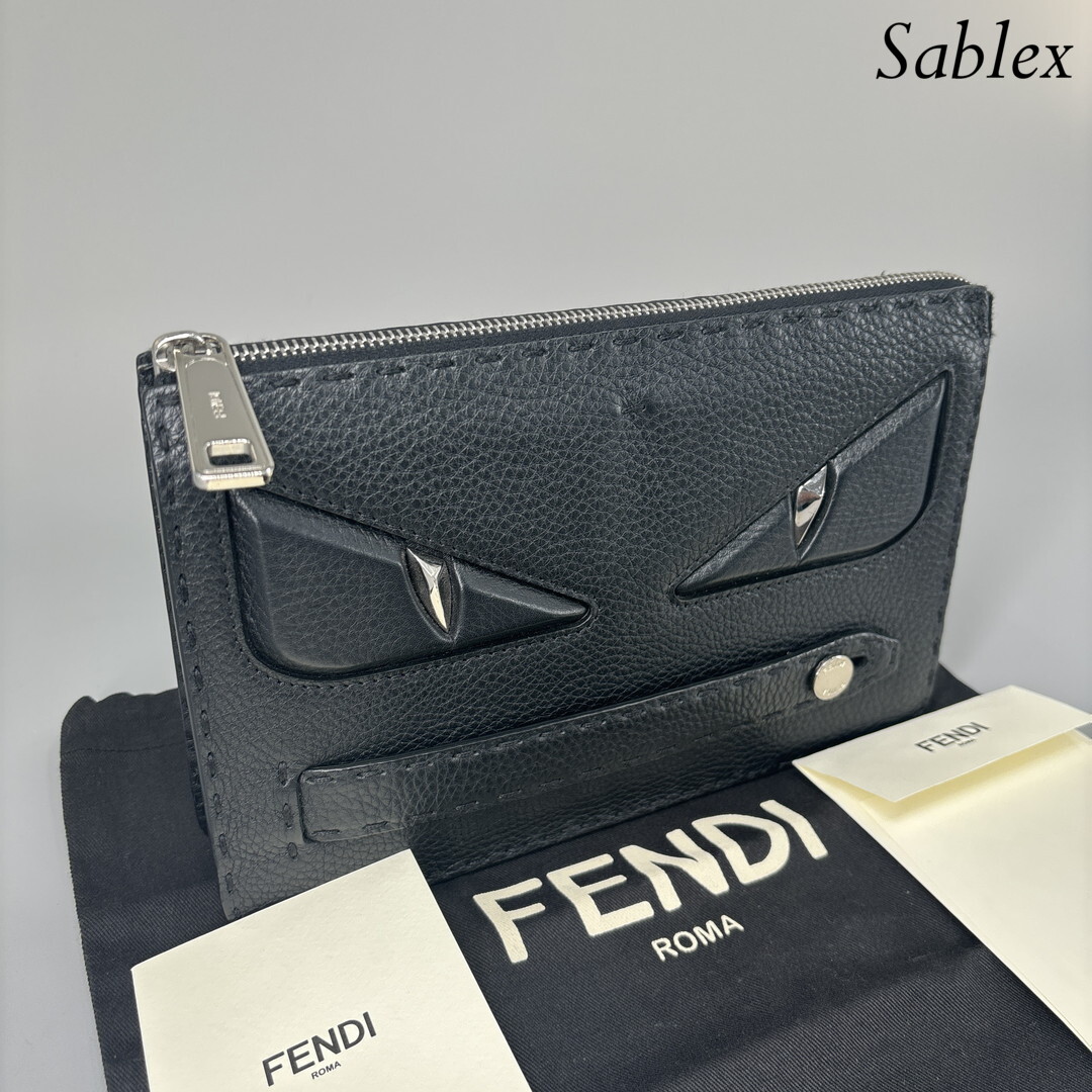 1円【未使用】FENDI フェンディ クラッチバッグ バッグバグス モンスター 7VA350 ブラック イエロー レザー セレリア セカンドバッグ_画像3