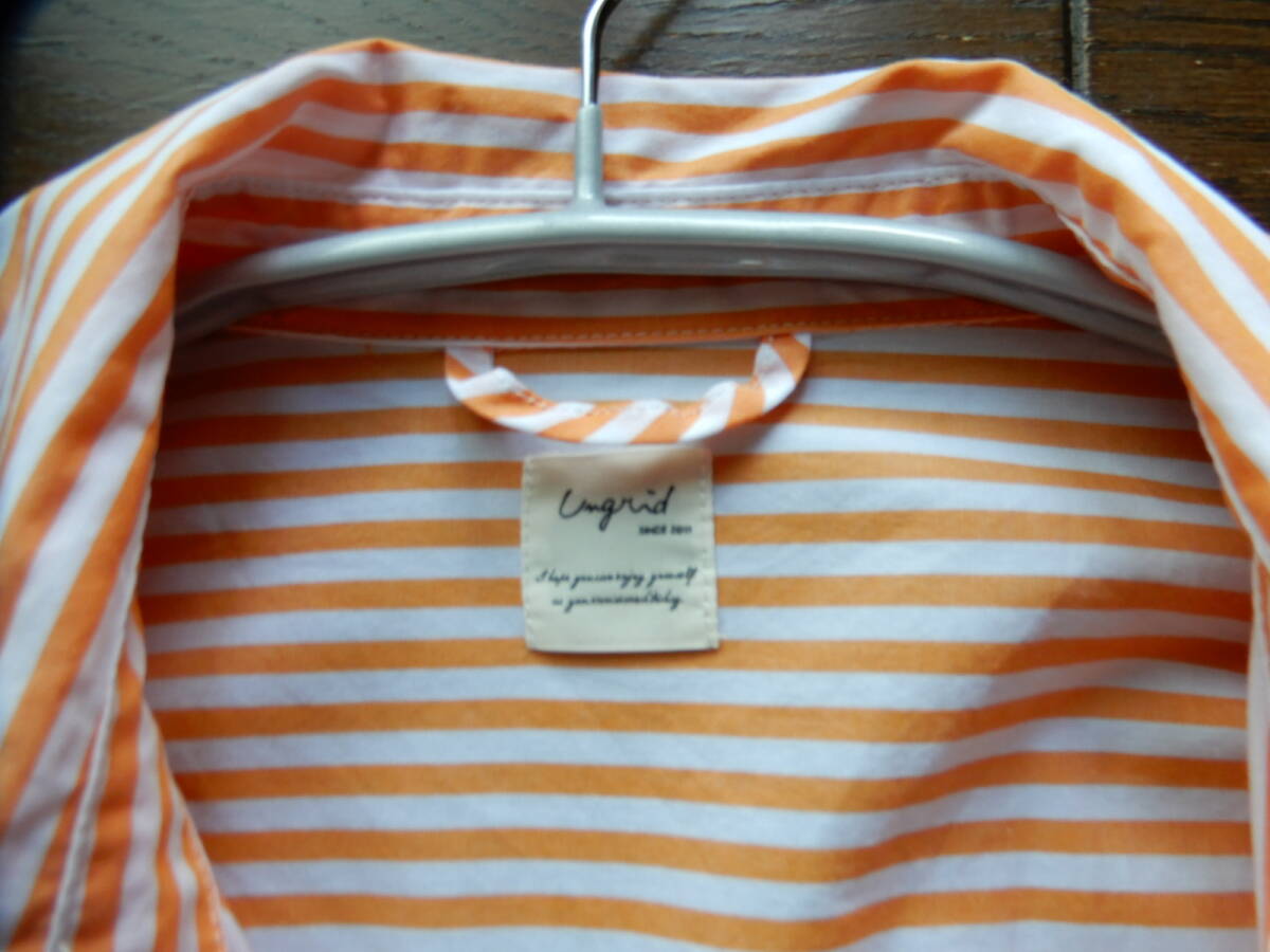 【Ungrid/アングリッド】コットン大人可愛いきれい色オレンジストライプ裾ラウンドゆったりオーバーサイズ長袖シャツ 日焼け防止の画像2