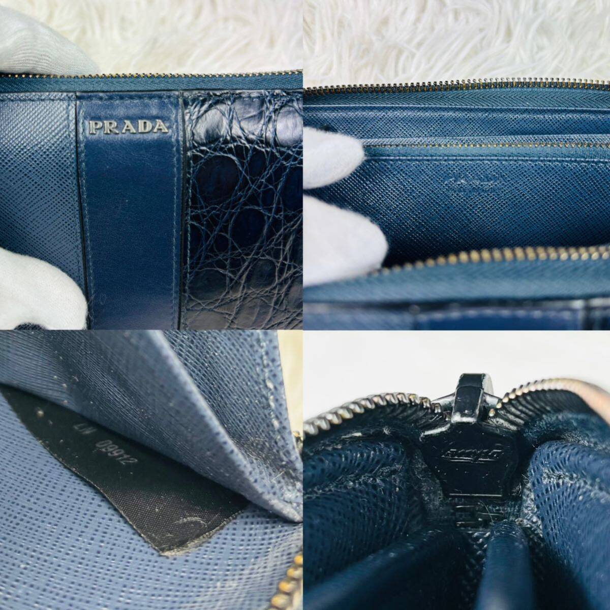 美品 現行 PRADA プラダ 長財布 ラウンドファスナー サフィアーノ レザー クロコ 切り替え ネイビー ブルー 青 メンズ_画像9