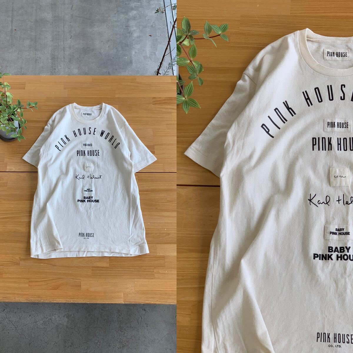 美品 PINK HOUSE ピンクハウス プリント英字ロゴクルーネックコットンTシャツ ブラウストップス 綿100%カットソー ベージュ色系 Mサイズ_画像1