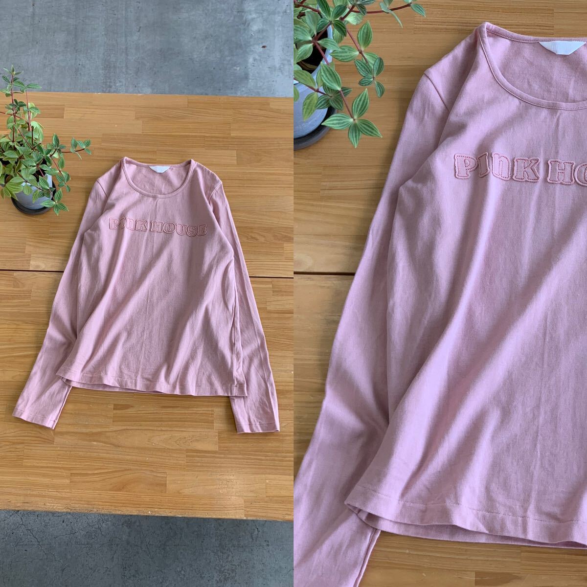 美品 PINK HOUSE ピンクハウス クルーネックコットン長袖Tシャツ ブラウストップス プルオーバーカットソー サーモンピンク色系 Mサイズ_画像1