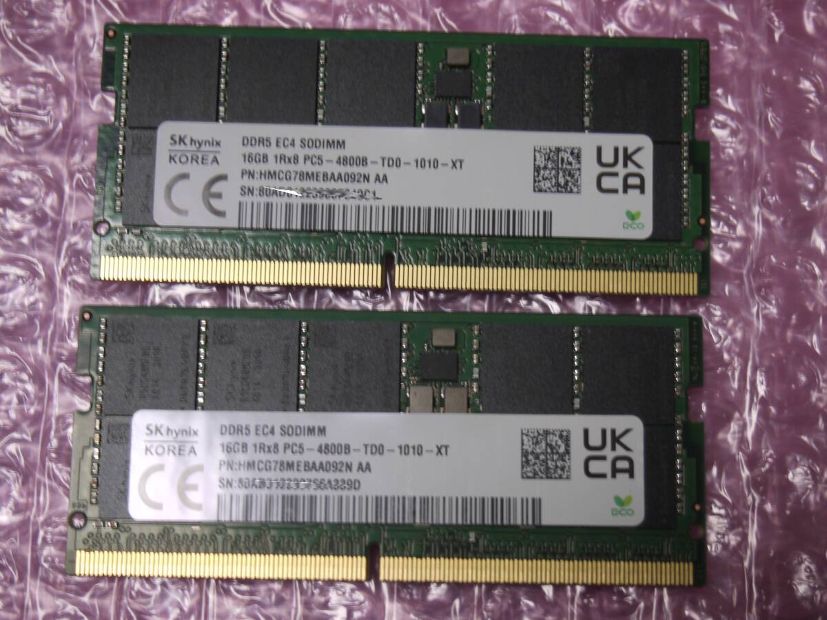 SK hynix 製 16GB×2枚 合計32GB DDR5-ECC−4800 ノートパソコン PCメモリ HMCG78MEBAA092N BA 動作確認済み _画像1