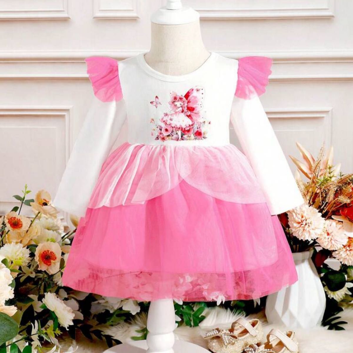 未使用 海外 女の子 ベビー服 キッズ 子ども服 ピンク ワンピース ドレス 74～80cm プリンセス お姫様