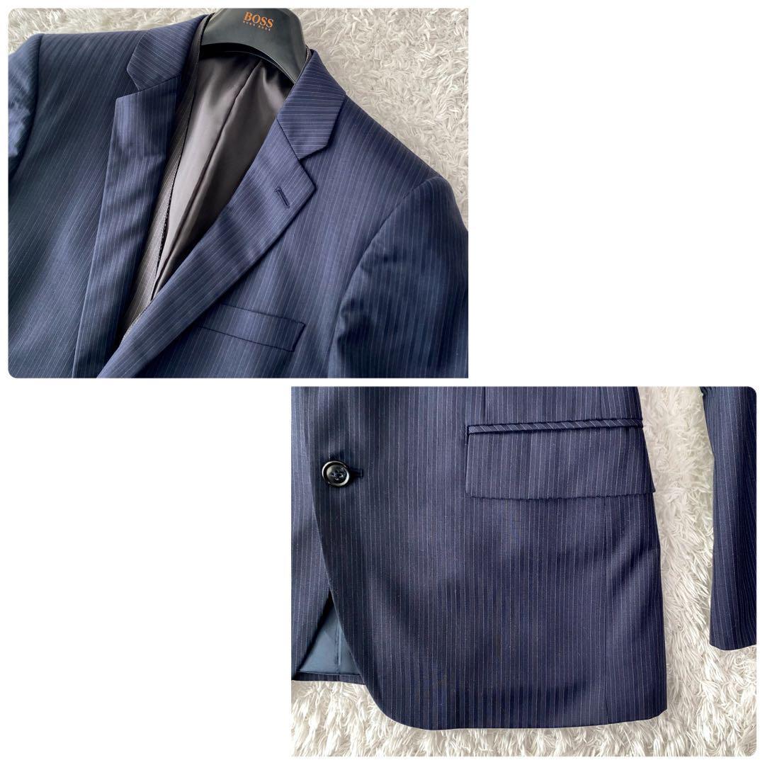  beautiful goods *MEN\'S BIGI men's Bigi three-piece suit setup 3 piece jacket gilet pants men's business stripe pattern navy navy blue 