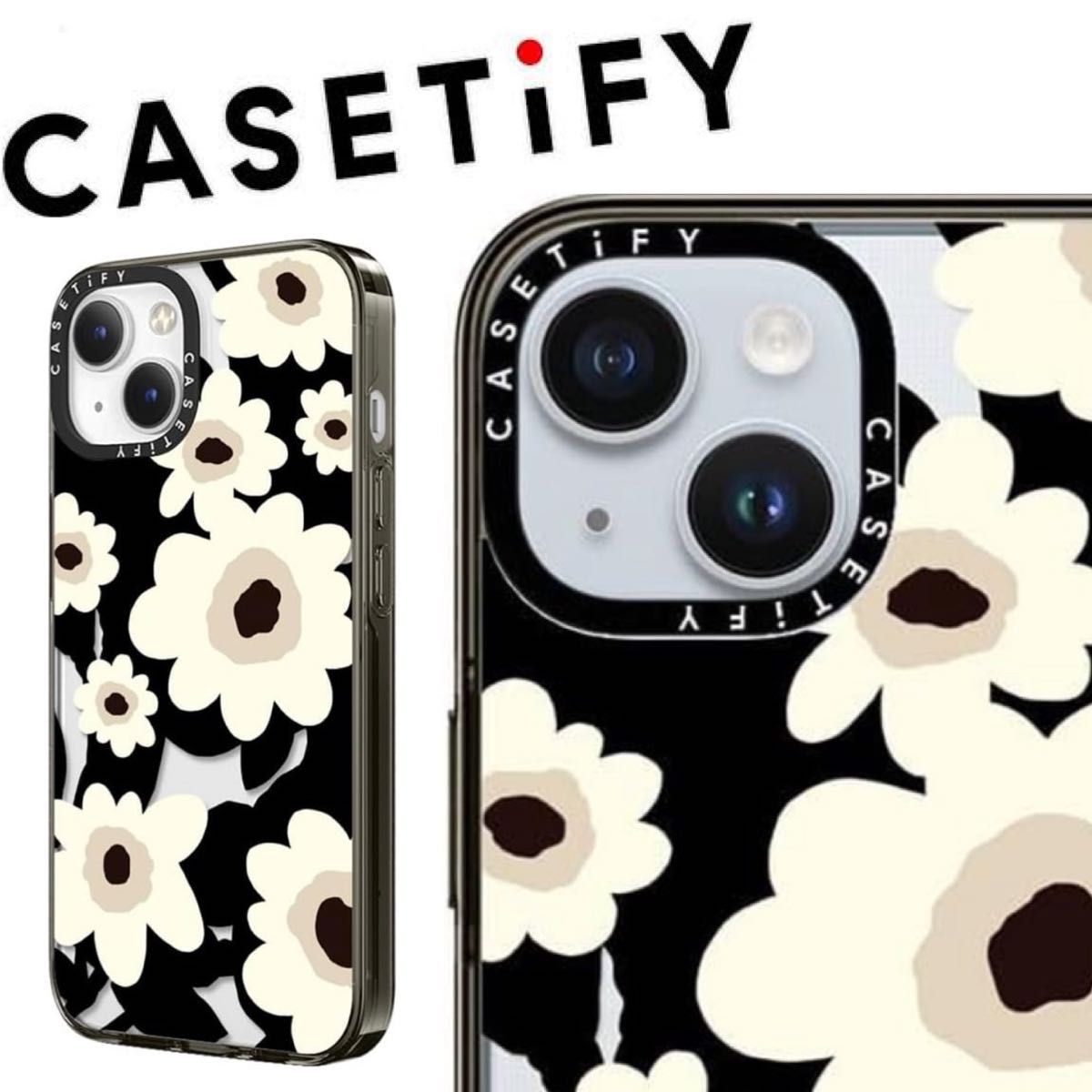 CASETiFY iPhone15 おしゃれ フラワーズ かわいい Flowers - ブラック×クリア ケース