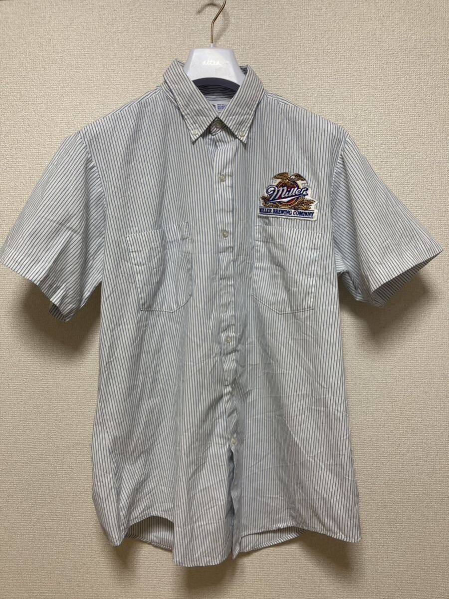 80's 90's USAヴィンテージ RIVERSIDE ワークシャツ 半袖シャツ ボタンダウン ストライプ シャツ USA製 16 1/2 Miller 企業シャツ_画像1