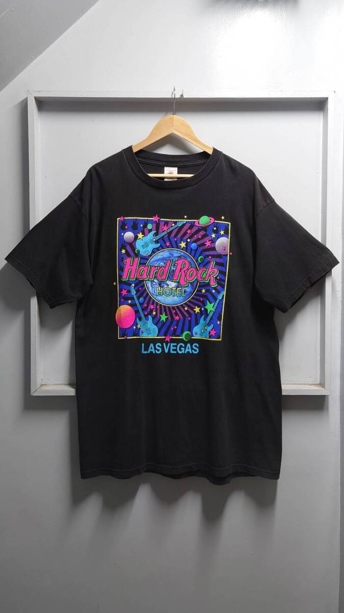 90’s Hard Rock HOTEL “LAS VEGAS” USA製 スペースプリント Tシャツ ブラック L/XL 半袖_画像1