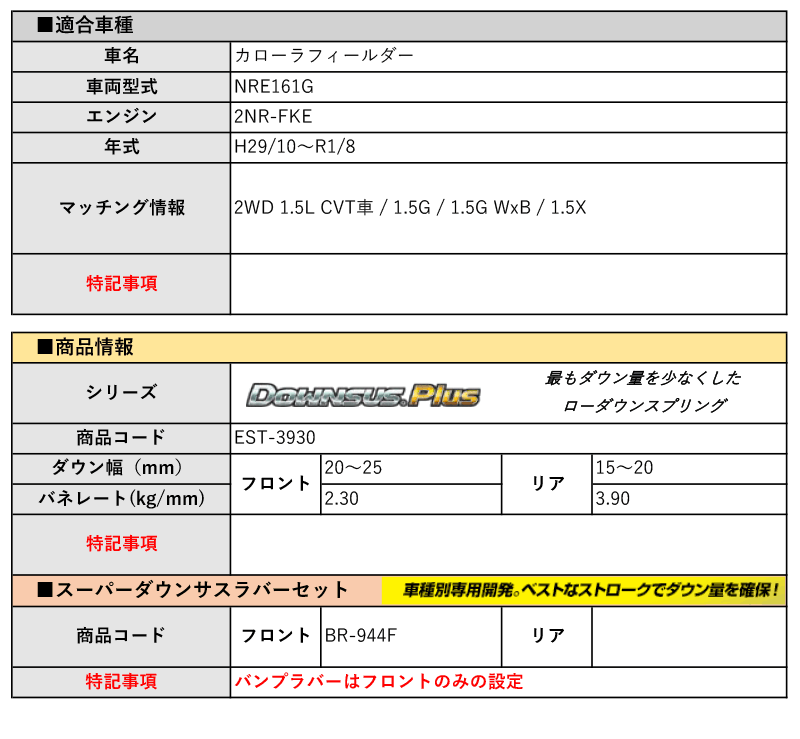 [エスペリア]NRE161G カローラフィールダー_1.5G / 1.5G WxB / 1.5X(CVT車_H29/10～R1/8)用ダウンサスプラス＆バンプラバー[車検対応]_画像2