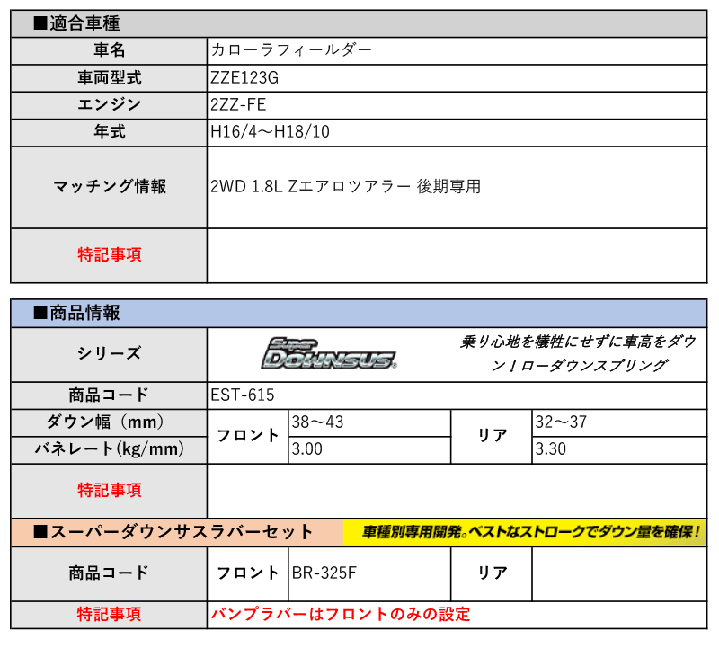 [エスペリア]ZZE123G カローラフィールダー_Zエアロツアラー(2WD 1.8L 後期_H16/4～H18/10)用スーパーダウンサス＆バンプラバー[車検対応]_画像2