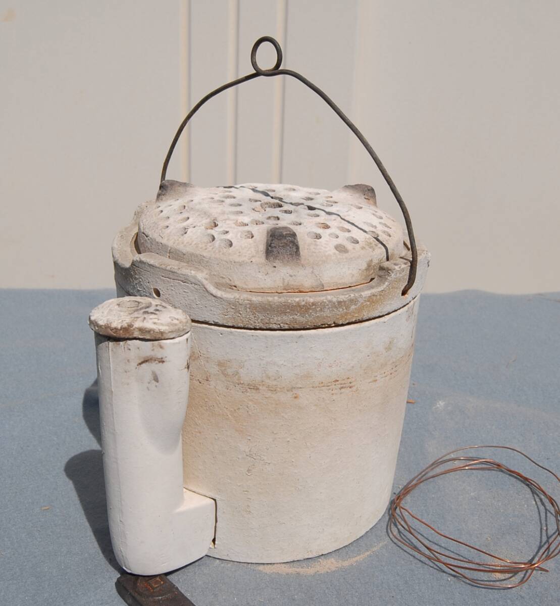 昭和初期 レトロ 陶器 素焼き 練炭コンロ 煙突付  茶道具 涼炉の画像9