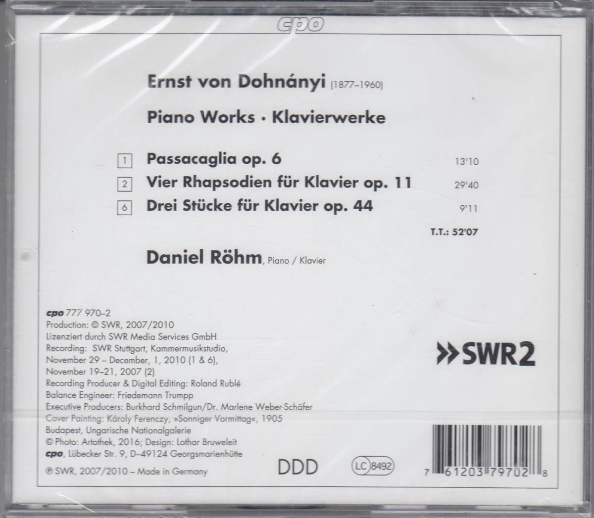 [CD/Cpo]E.v.ドホナーニ(1877-1960):パッサカリアOp.6&4つの狂詩曲Op.11&3つの小品Op.44/D.レーム(p) 2007-2010_画像2