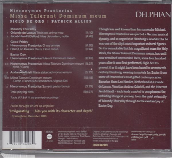 [CD/Delphian]H.プレトリウス:ミサ曲『「誰かがわたしの主を取り去って」&A.ガブリエリ:マリアは墓に立ち他/P.エイリーズ&シグロ・デ・オロ_画像2