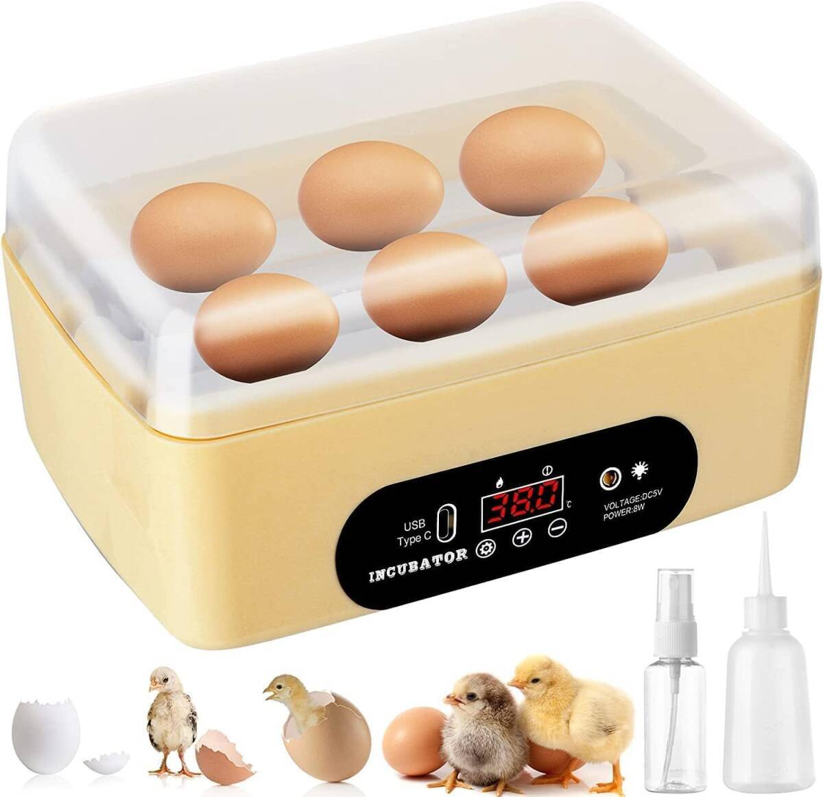 自動孵卵器 インキュベーター 孵化器 自動転卵 デジタル表示 自動温度制 湿度保持 子供教育用 家庭用 孵化率アップ 卵4~6個 鳥類専用_画像1
