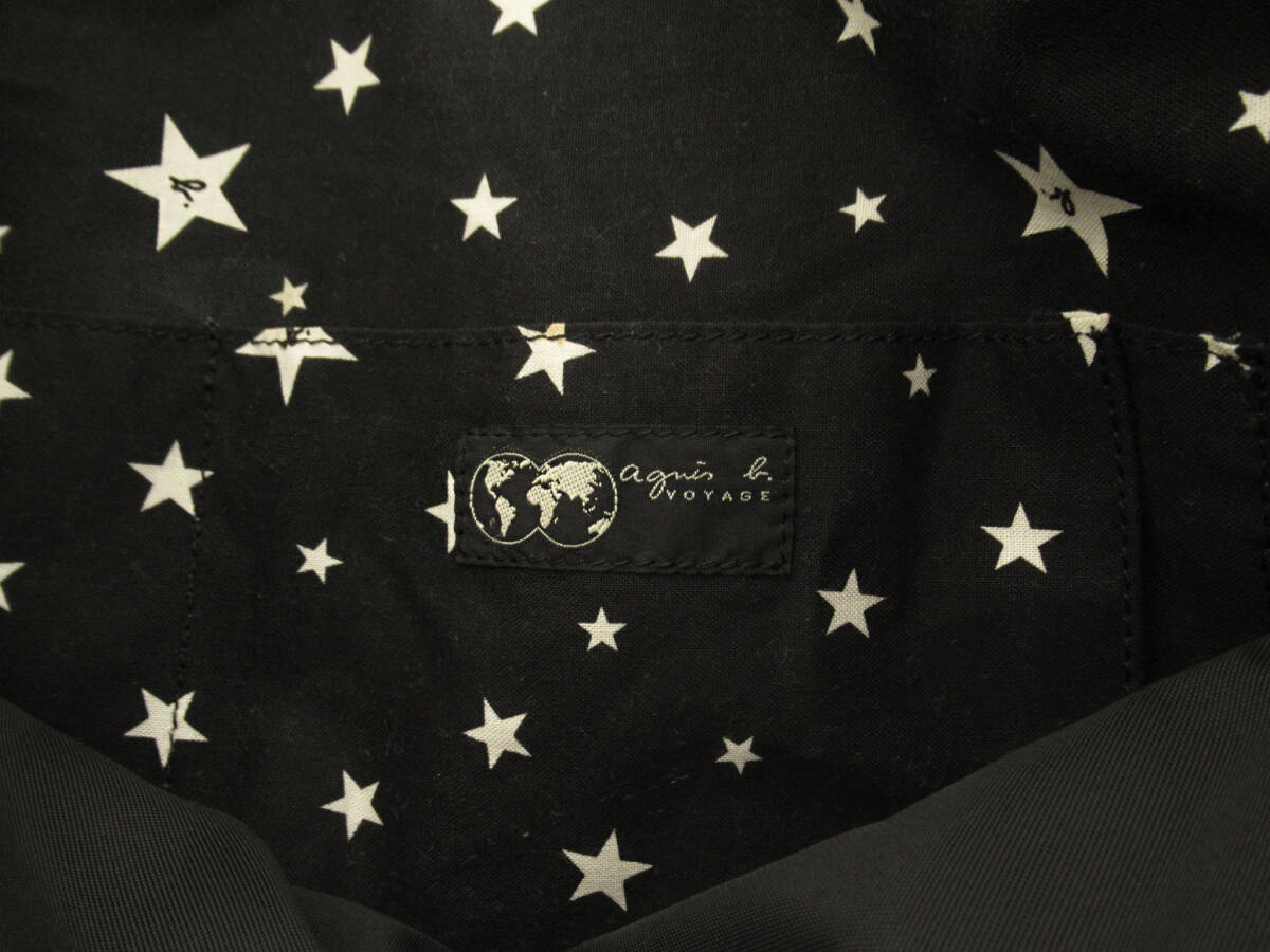 17589 agnes b. Voyage アニエスベー ワンポイントロゴ S金具 スター 内側星柄 ナイロン ジップ トートバッグ ショッピングバッグ 鞄 黒_画像9