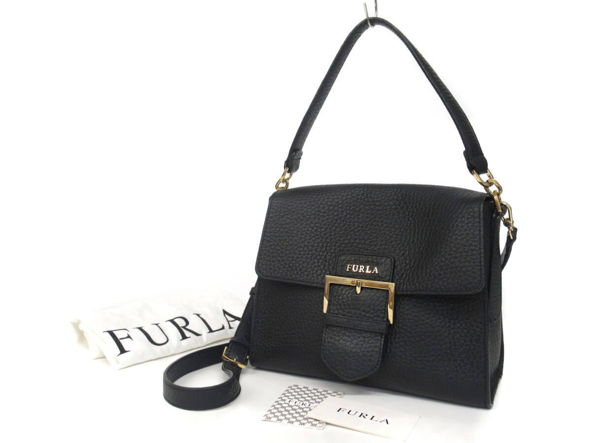 17822 美品 FURLA フルラ FLO フロー メタルロゴ ゴールド金具 本革 レザー 2WAY ハンドバッグ ショルダーバッグ 肩掛け 斜め掛け 鞄 黒_画像1