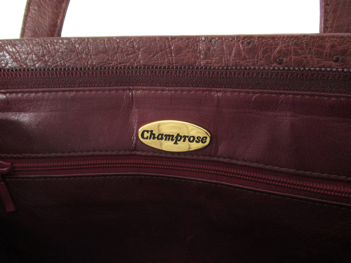 17830 美品 Champrose 高級 オーストリッチ ダチョウ革 レザー ゴールド金具 ハンドバッグ ミニトートバッグ 手持ち鞄 ボルドー レディース_画像8
