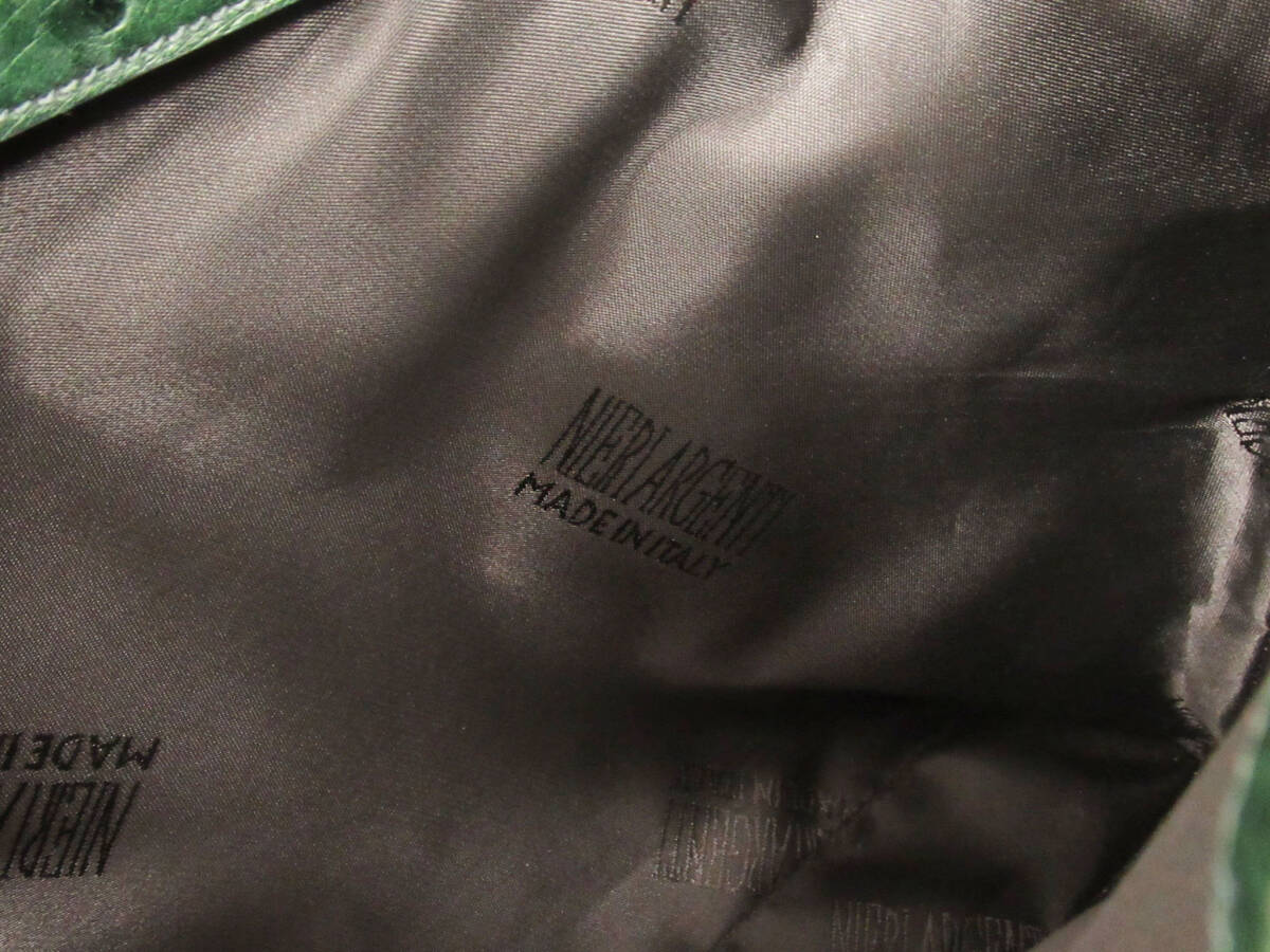 17831 美品 NIERI ARGENTI 高級 オーストリッチ ダチョウ革 レザー シルバー金具 トートバッグ ハンドバッグ 鞄 緑 グリーン イタリア製_画像8