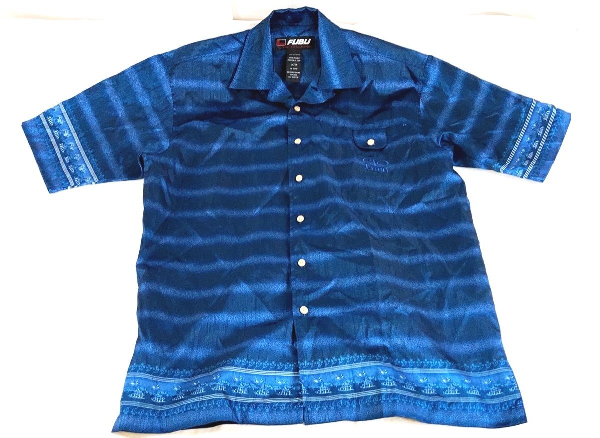 フブ FUBU ブルー系 総柄 デザインシャツ 半袖 XLぐらい MX-1_画像1