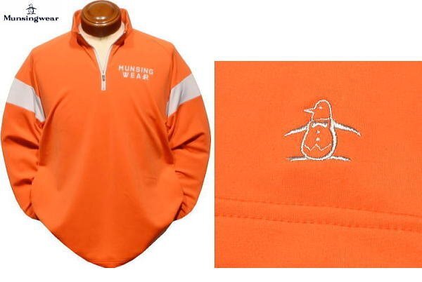 [ orange M] Munsingwear men's polo-shirt with long sleeves MGMWJB08 heat insulation reverse side nappy stretch half Zip cut and sewn half Zip long sleeve shirt 