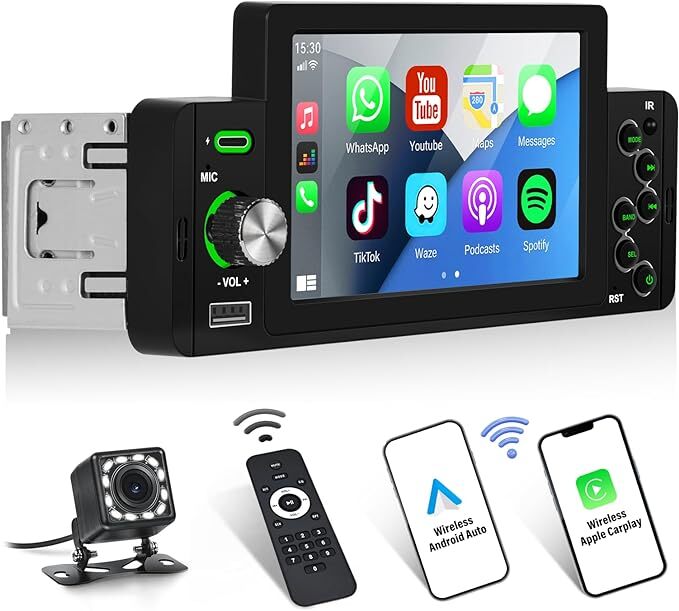 1Din カーラジオ 無線Apple CarPlay/Android Autoステレオメディアレシーバー、5タッチスクリーンカー_画像1