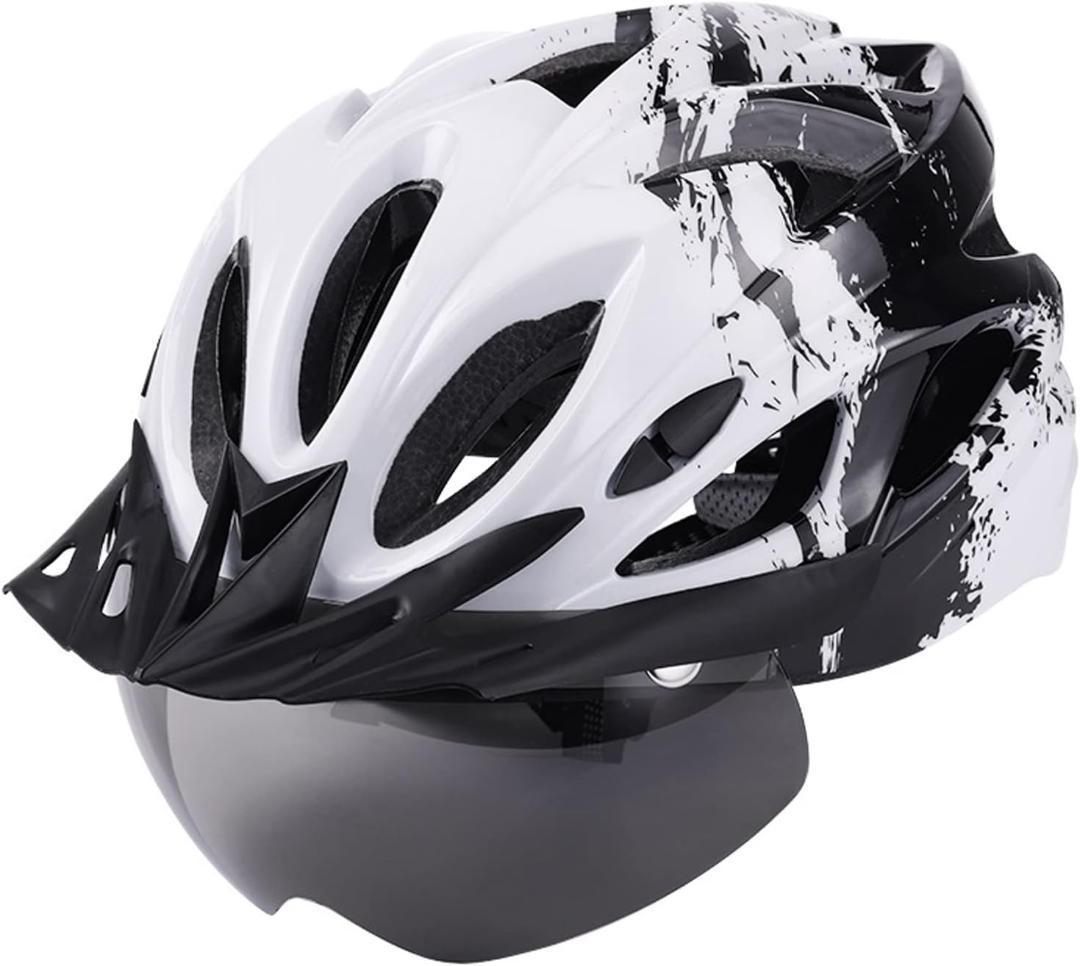 白 自転車 ヘルメット 大人用 ヘルメット LEDライト 自転車 磁気ゴーグルの画像1
