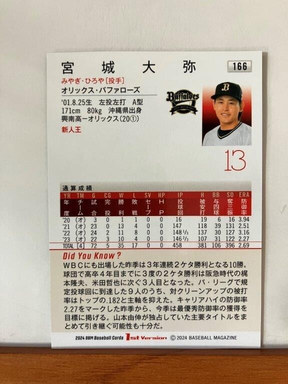 【2024 BBM 1st】166宮城大弥（オリックス・バファローズ）レギュラーカード_画像2