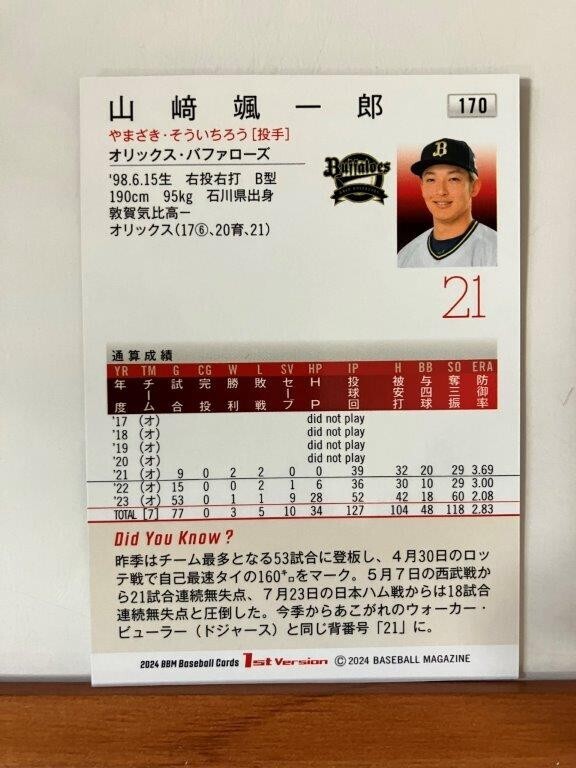 【2024 BBM 1st】170山﨑颯一郎（オリックス・バファローズ）レギュラーカード_画像2