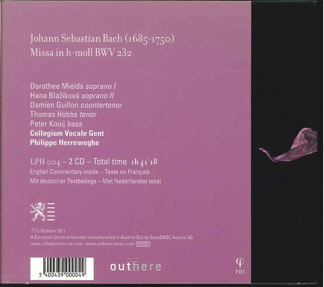 【美品 (PHI】 Philippe Herreweghe ヘルヴェッヘ：Collegium Vocale Gent／Bach：Missa in h-moll BWV 232 ミサ曲ロ短調 2CD_画像2
