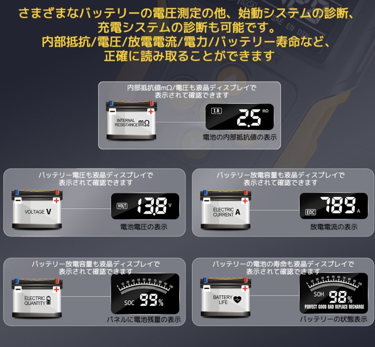 ★送料無料・30日間保証付き★カーバッテリーテスター バッテリーチェッカー 診断 LCDデジタル 12V/24V 鉛蓄電池AGMゲル型EFBバッテリーの画像6