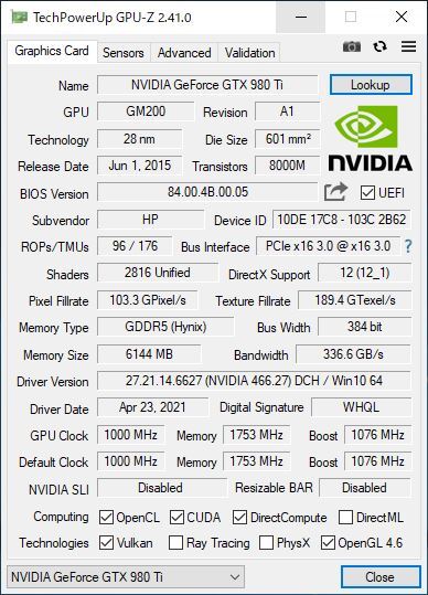 【送料無料】HP NVIDIA GeForce GTX 980Ti 6GB 中古品 動作確認済 A505の画像7