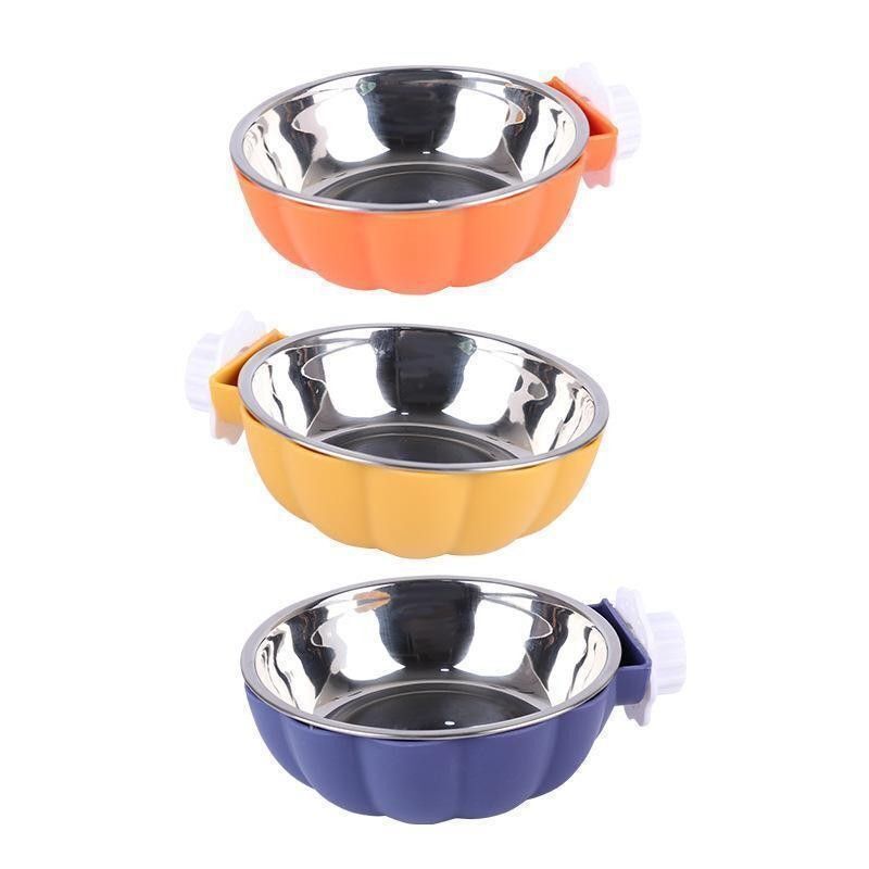 [ great popularity ] yellow color 2 piece set pumpkin type hood bowl feed stationary type water inserting bowl stainless steel bowl bait dog cat water bowl small size small animals bait inserting 
